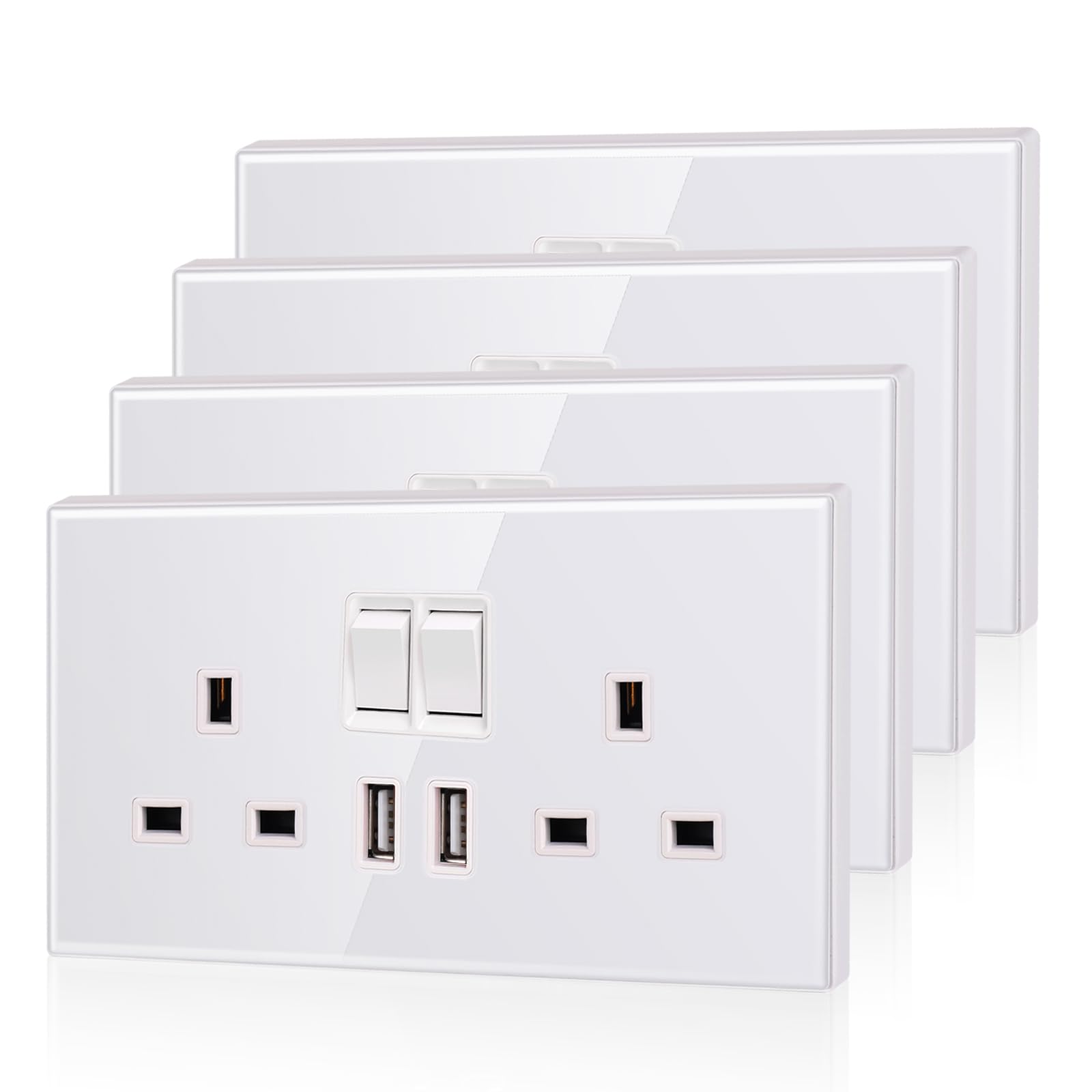 4 Pack CNBINGO Glass Double Switched Power Socket with 2 USB-A Charging Ports (2.1A Output), Electric Power Sockets 2 Gang 13 Amp, White Double Wall Outlet with Tempered Glass Panel