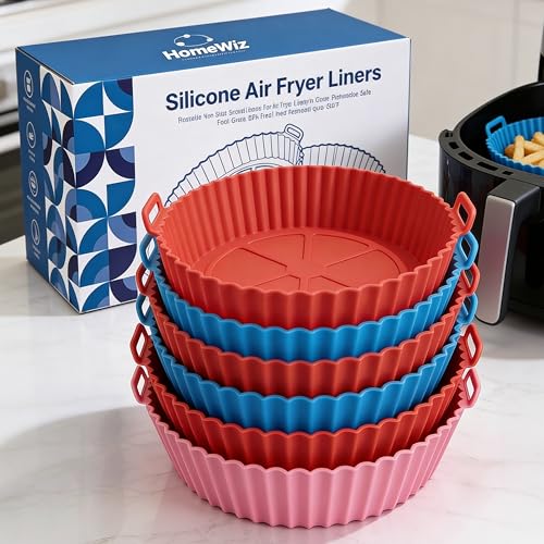 HomeWiz Silicone Air Fryer Liners | Reusable Non-Stick Round Basket Baking Tray with Ear Handles | Heat-Resistant Cooking Accessories | Multicolor (8 Inch, Pack of 6)