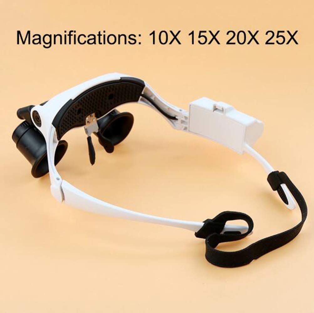 Lente d'Ingrandimento A 4 Lenti 10X 15X 20X 25X con Supporto E Fascia per La Testa, Occhiali con Lente d'Ingrandimento E 2 Luci LED, Occhiali di Ingrandimento, Strumento di Ingrandimento A