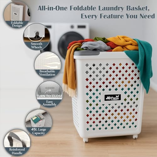 Image of JD FRESH Large 45 Liters Foldable Laundry Basket /Multipurpose Laundry Bag for Clothes with Wheels and Integrated Handles /Movable Plastic Clothes Basket /Laundry Bucket for Home & Laundry Room - (White)