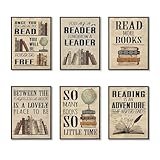 6 Piece Vintage Reading Quote Wall Art Prints, Retro Book Lover Canvas Posters with Inspirational Library Quotes, Rustic Literary Artwork for Classroom Study Office Living Room Home Decor 8x10 inch Unframed