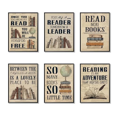 6 Piece Vintage Reading Quote Wall Art Prints, Retro Book Lover Canvas Posters with Inspirational Library Quotes, Rustic Literary Artwork for Classroom Study Office Living Room Home Decor 8x10 inch Unframed