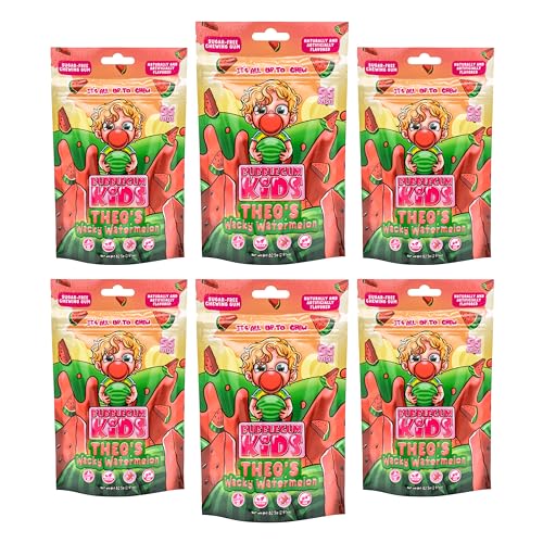 Image of Bubblegum Kids Theo's Wacky Watermelon Sugar Free Gum | Watermelon Flavor, Sugarless Gum with Xylitol | Vegan, Low Calorie Candy for Kids & Adults | Resealable Bag, 55 Pieces Per Pack, 6 Pack
