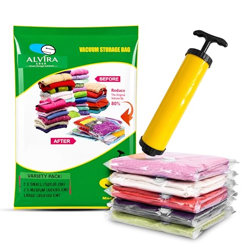 Image of Vacuum Bags for Clothes with Pump, Vacuum Storage Bags, Space Saver Compression Bags, Airtight Reusable Vacuum Packing Bags for Travel, Blanket, Bedding & Quilt Storage, Pack of 5