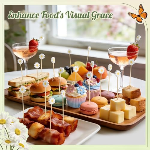 Daisy Cocktail Picks, 4.7 IN Flower Toothpicks for Appetizers, Wooden Skewers Bamboo Sticks for Food Fruit Drinks, Spring Easter Mothers Day Birthday Floral Party Decorations Charcuterie Accessories - Thumbnail 5