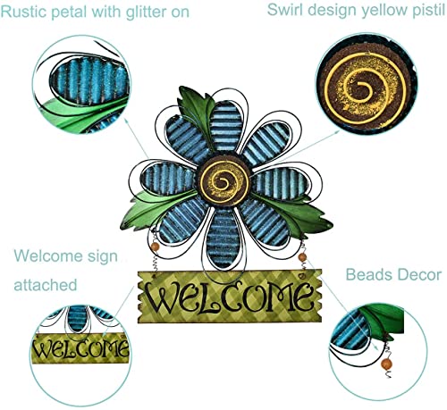 Large Rustic Metal Blue Flower Welcome Wall Art Decor Hanging Metal Flower Welcome Door Wreath Kitchen Living Room Bathroom Patio Garden Yard Wall Decoration #TOP5