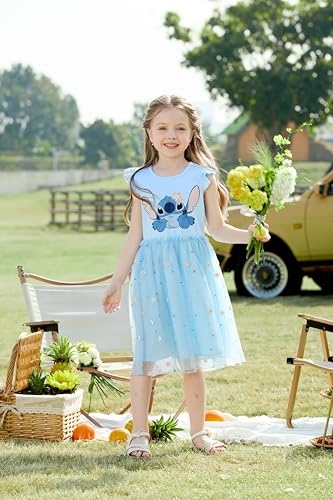 Image of Disney Princess Frozen Elsa Minnie Stitch Toddler Girl Tulle Tutu Dress Ruffle Sleeve Mesh Summer Birthday Party Clothes 2-9Y