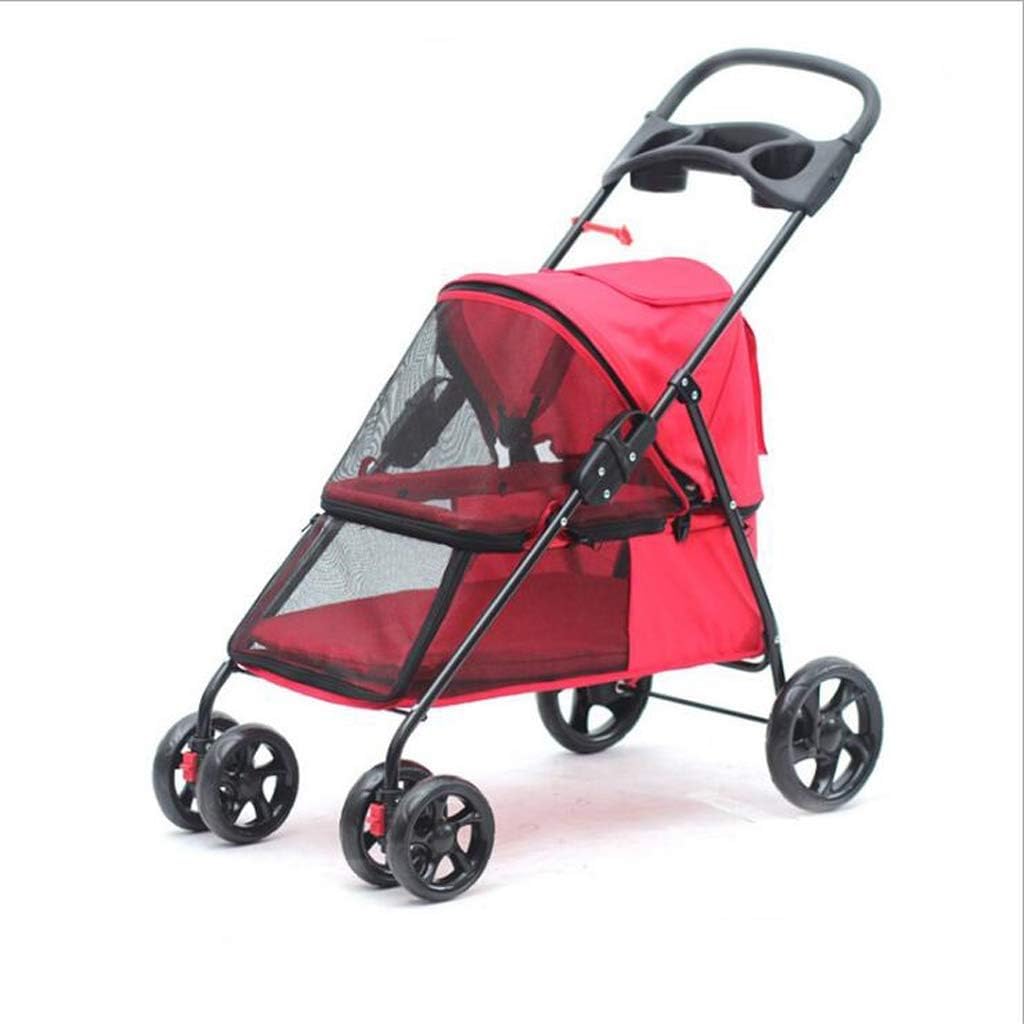 Pet Stroller Dog Stroller One-Click Folding Pet Travel Carrier with Removable Liner Storage Basket Breathable Mesh (Color : Red) (Red) (Red)