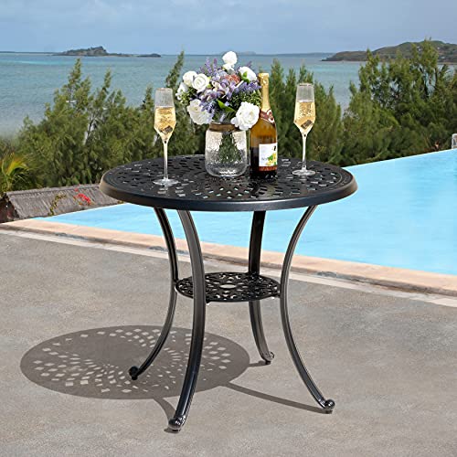 NUU GARDEN 31 Inch Patio Dining Table, Cast Aluminum Patio Table with Umbrella Hole, Round Outdoor Bistro Table for Backyard, Garden, Porch, Black with Antique Bronze Edging