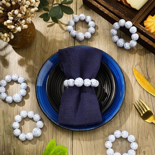 Blushtier GEX-BLUSHTIER-345 12 Pcs Blue And White Wooden Napkin Rings Set Floral Butterfly Elastic Boho Napkin Rings Rustic Farmhouse Napkin Rings Tabletop Decoration thumb #1