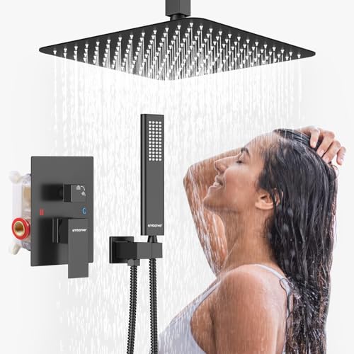 EMBATHER Black Shower System Ceiling Mounted, 12 Inch Rainfall Shower Head with High Pressure Handheld Spray, Bathroom Luxury Shower Trim kit with Rough-in Valve and Adjustable Shower Head Holder