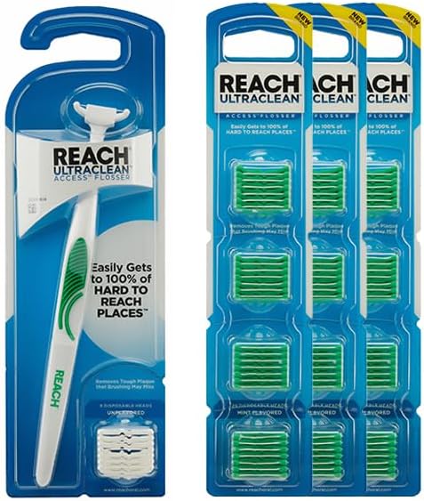 Reach Ultraclean Access Flosser Bundle, Mint, Plaque Remover for Teeth, for Hard to Reach Areas, Oral Care, PFAS-Free, 1 Flosser Starter Kit + 3 Packs Refill Heads