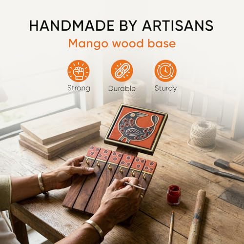 Image of AAKRITI ART CREATIONS Key Holder, Pichhwai Handcrafted Tiles Key Holder Panel Hooks | Rustic Wood Wall Organizer with 6 Hooks | New Home Gifts | Multifunctional Entryway Decor.