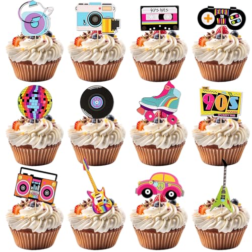 48PCS Retro 90s Cupcake Toppers, Throwback Hip Hop Dessert Picks Party Decorations for 90's Theme Birthday, Vintage Cake Picks & Party Supplies