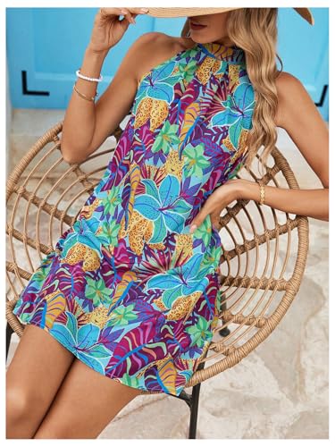 Image of Floerns Women's Sleeveless Floral Print Sundress Halter Neck A Line Short Dress