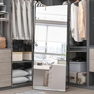 Elemango Specchio da 165 x 60 cm a lunghezza intera, specchio nero, grande specchio rettangolare, da appendere o appoggiato, da parete (nero)