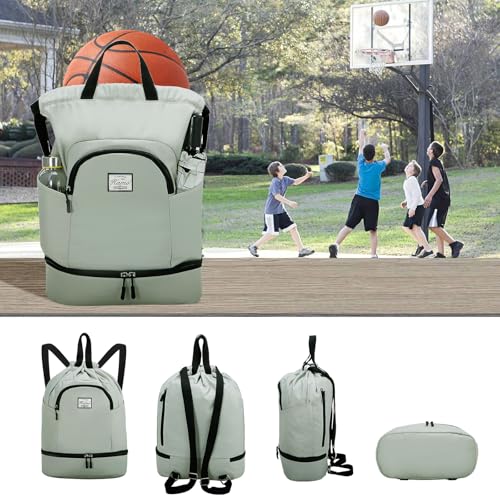 Image of Kamo Drawstring Backpack Bag - Sport Swimming Yoga Backpack with Shoe Compartment, Two Water Bottle Holder for Men Women Large String Backpack Athletic Sackpack for Travel