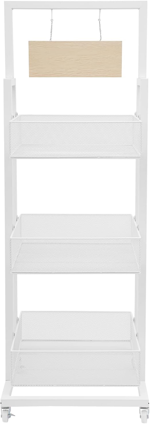 Heavy Duty Rolling Retail Display Rack for Store with 3 Tier Wire Baskets, Mobile Snack Racks,Storage Organizer Cart with Wheels for Supermarket, Retail Shop, Home Kitchen (White)
