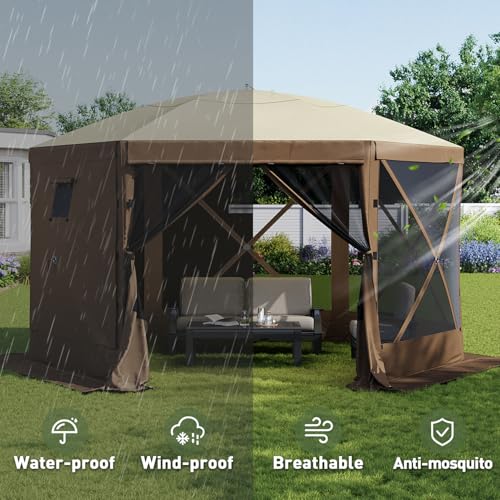 Aoxun 12x12ft Pop Up Canopy Tent, Camping Gazebo Screen Tent, Brown - Image 4