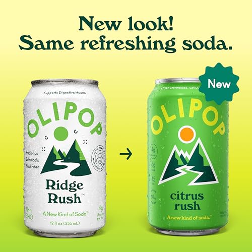 Image of OLIPOP Prebiotic Soda Pop, Citrus Rush, Pantry Pack Packed with Prebiotics, Fiber, and Botanicals, Gluten Free, GMO Free, 12oz (12-Cans) (Packaging May Vary)
