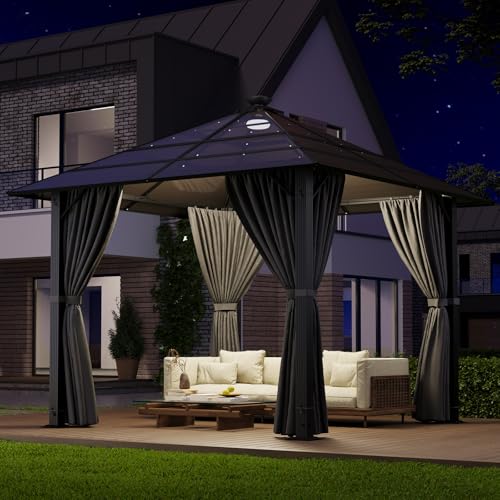 JUMMICO Pavillon de Jardin 3x3m en Aluminium avec Toit Fixe - Design pour Ombrage de Jour et Ambiance Lumineuse de Nuit - Stable et Résistant aux Intempéries