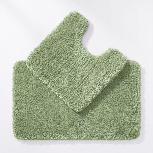 Image of Allure Luxury Two Piece Bath & Toilet Mat Set, Non-Slip, Deep Pile Soft & Absorbent Microfibre, Quick Dry, Easy Care (Fern Green)