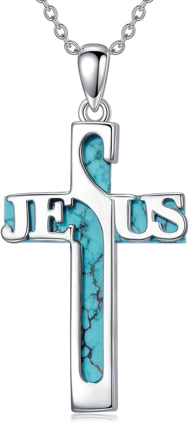 Natural Turquoise Cross Necklace for Women 925 Sterling Silver Religious Cross Pendant Jesus Necklace Genuine Turquoise Religious Jewelry Gifts for Mom Wife
