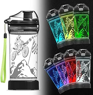 Ammonite Kids Motorcycle Water Bottle with 3D Glowing Dirt bike LED Light - 14 OZ Tritan BPA Free - Creative Motocross Gift Ideal for Children Boys Sports School Outdoor Camping Picnic Travel