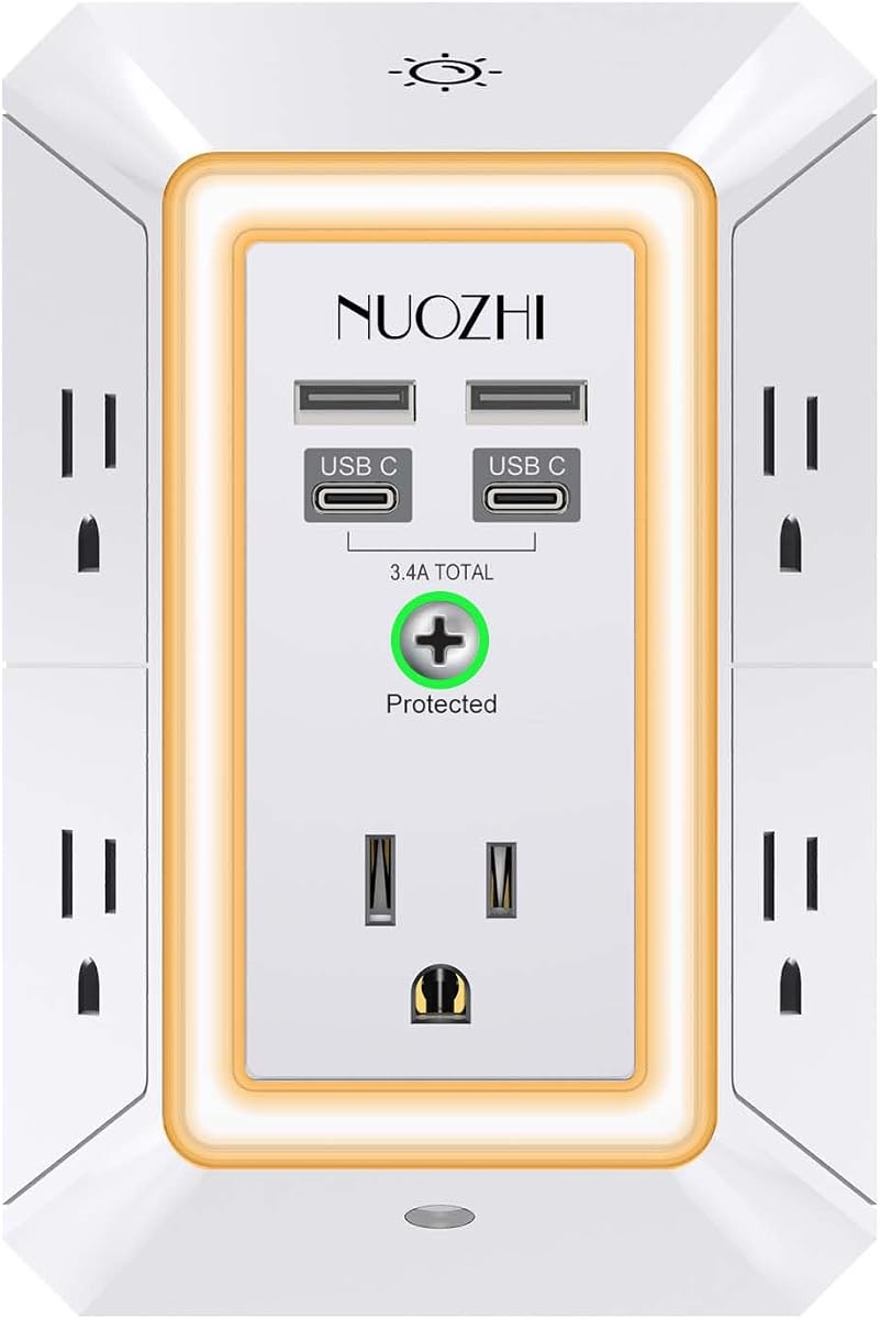 Multi Plug Outlet Surge Protector, NUOZHI 5 Outlets and 4 USB Ports(2 USB-C) and Night Light, 3-Sided Power Strip with Adapter Spaced Outlets for Home, Office, Travel, ETL Listed, White
