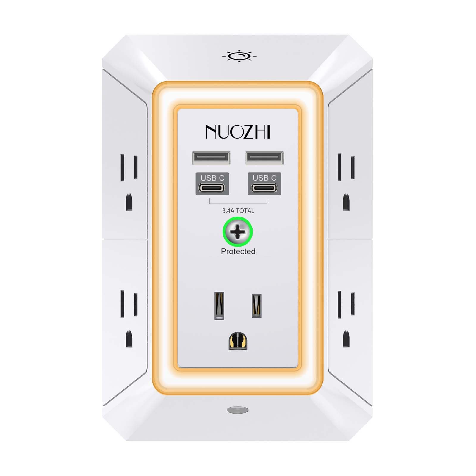 Multi Plug Outlet Surge Protector, NUOZHI 5 Outlets and 4 USB Ports(2 USB-C) and Night Light, 3-Sided Power Strip with Adapter Spaced Outlets for Home, Office, Travel, ETL Listed, White 5-Outlets/Night Light White