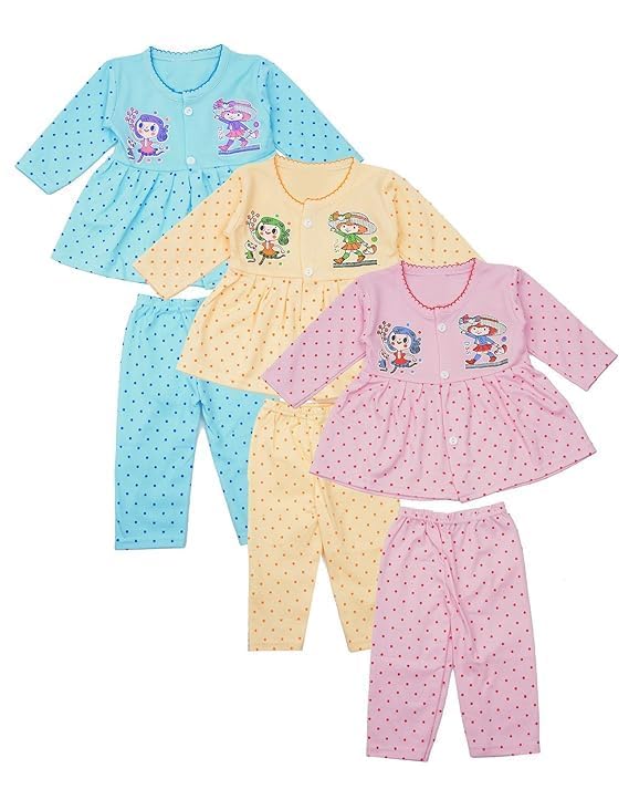 Baby Girl's Fabulous Collection of Printed Full Sleeves Soft Cotton Frock with Pyjama Pants Dress for Kids Infant Toddler (Set of 3)-picture-10