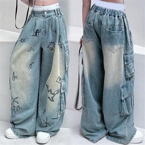 Girl's High Waisted Cargo Jeans Straight Wide Leg Stretch Baggy Jean Y2K Casual Loose Denim Pants Trousers 3-14 Years2