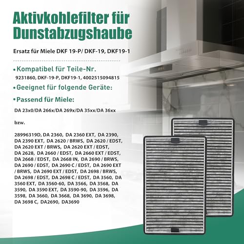 2 filtry z węglem aktywnym do Miele DKF 19-P DKF 19-1 FWKM-1423 9231860 filtr do okapu kuchennego kompatybilne z Miele DA 23x0 DA 266x DA 269x DA 35xx DA 36xx