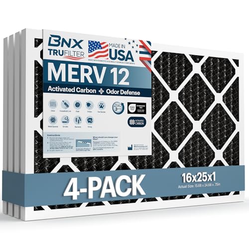 BNX TruFilter 16x25x1 MERV 12 Odor Defense (4-Pack) AC Furnace Air Filter with Activated Carbon - MADE IN USA - Pleated Air Conditioner HVAC AC Furnace Filters - Removes Odor, Mold, Bacteria, Smoke