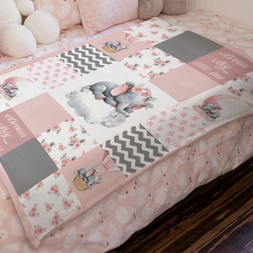 Image of HawSkgFub Pink Elephant Rose Floral Baby Blanket Girls Shower Gift, Dream Big Little One Flannel Fleece Nursery Bed Receiving Swaddle, Soft Lightweight Newborn Infant Toddler Kids Crib Bedding 30 x 40