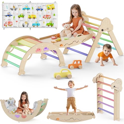 Image of Pikler Triangle Set with Cushion 9 in 1 Foldable Montessori Climbing Toys for Toddlers 1-3 Indoor Wooden Kids Playground Baby Climbing with Maze, Shape Sorter, Car Toys
