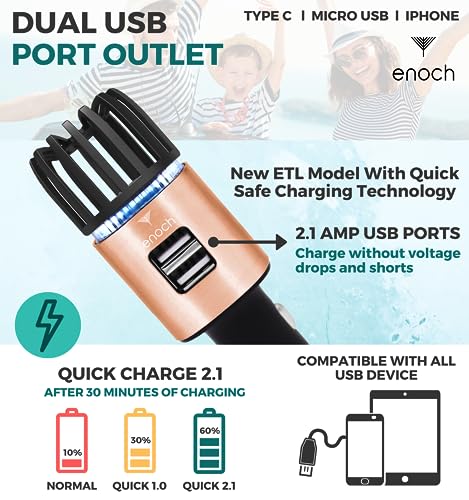 Image of Enoch Car Air Purifier Premium Air Ionizer - 12V Plug-In Ionic Ozone Deodorizer Accessory with Dual USB Car Charger - Eliminates Cigarette Smoke, Pet and Food Odors, Dust (Rose Gold)