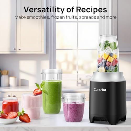 Consciot CB10 11Pcs Personal and Countertop Blender Combo, Make Shakes and Smoothies, Frozen Drinks, Baby Food, Spreads & More, 3 Portable BPA Free To-Go Cups, 2 Spout-Lids & 1 Flat-Lid, 900 Peak Watt - 3