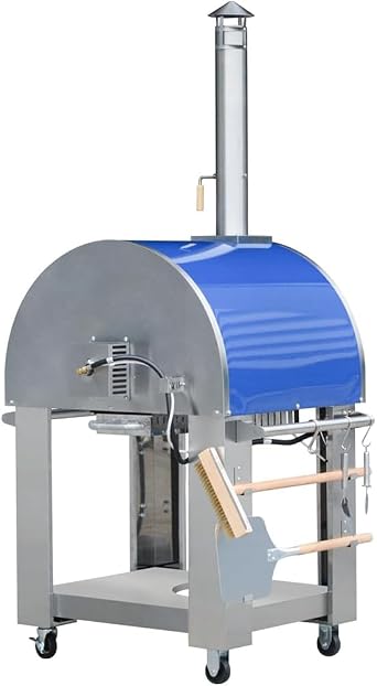 KOSTCH 32.5 inch Wood Fired and Propane Gas Pizza Oven for Outdoor Kitchen in Stainless Steel, Large Pizza Oven for Outside, Yard and Party (Blue with Cover)