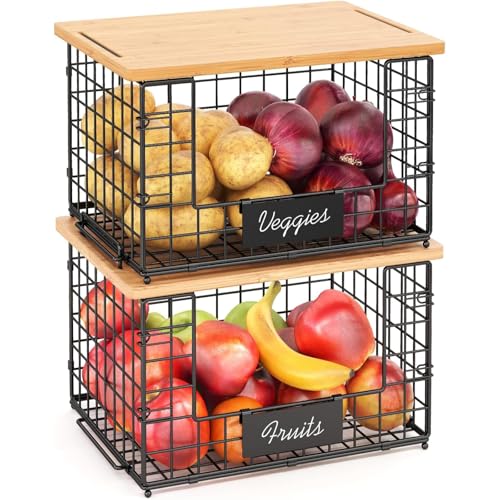 Homodoskey 2 Pack Stackable Wire Baskets with Bamboo Top for Pantry Organizers and Storage XXL Kitchen Organization Counter Basket for Fruit Vegetable Produce Bread Potato and Onion Storage Bins