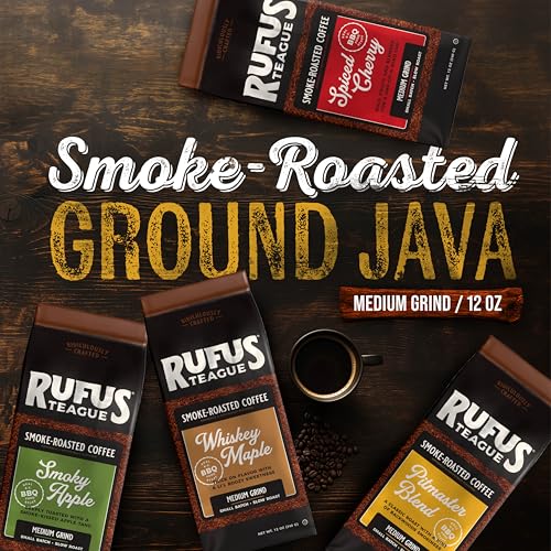 Rufus Teague Smoky Apple Flavored Ground Coffee, Gourmet Fresh Dark Roasted Coffee, Smoke Roasted Java, Medium Grind, 12 oz Bag