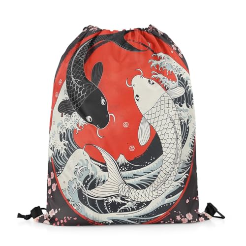 Erosebridal Japanese Ukiyoe Koi Fish 13X15.7 Drawstring Bags Pink Cherry Blossom Drawstring Backpack Sea Wave Red Sun Draw String Back Bag Traditional Japanese Patterns Cinch Bag