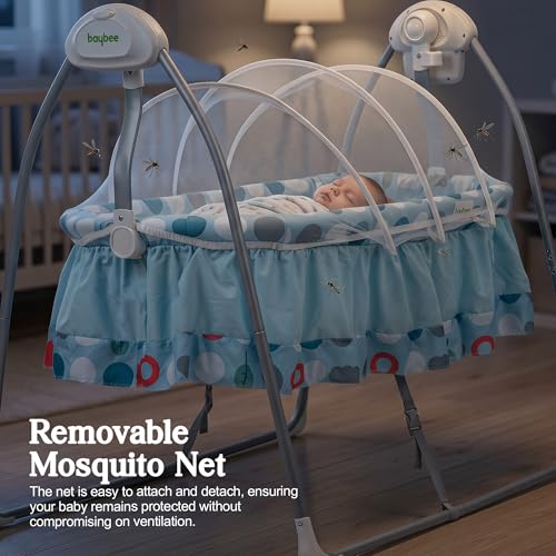 Image of BAYBEE Wanda Electric Swing Cradle for Babies | Automatic Cradle for New Born Baby with 6 Speed Control, Mosquito Net, Toy Bar & Music | Jhula for Kids | Baby jhula for 0 to 2 Years (Blue)