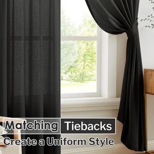 Image of Melodieux Black Semi Sheer Curtain Cloth for Hanging, Linen Look Bedroom Rod Pocket Voile Drapes, 52 by 63 Inch (2 Panels)
