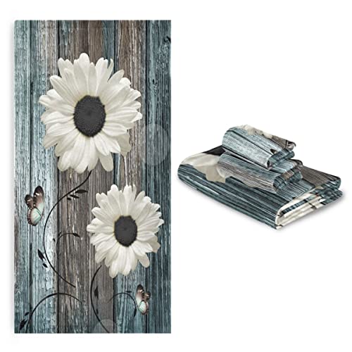 Matekuli Farmhouse Bath Towels Set Floral Rustic White Daisy Flower Teal Blue Wooden Plank 3 Piece (1 Luxury Bath Towel 1 Hand Towel 1 Washcloth) Soft Absorbent Decorative Bathroom Kitchen Towels #TOP6