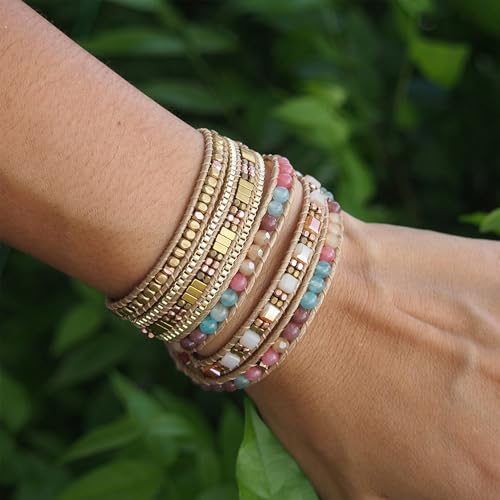Image of Plumiss Women Boho Handmade Natural Stone Crystal Leather Bead Wrap Bracelets Collection