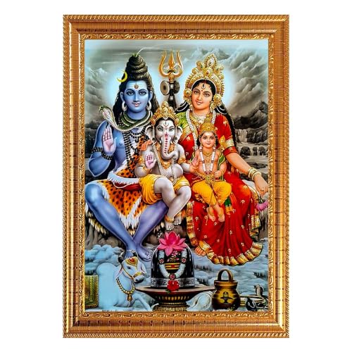 Tableau Shiv Parivar encadré peinture Lord Shiva Parvati 25x38 cm