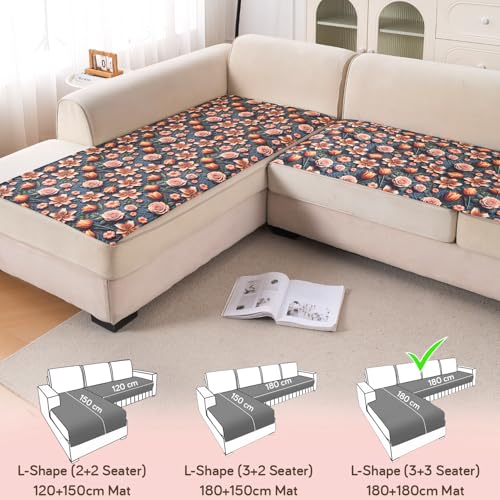 Image of HOKIPO 'Nature Muse' Premium HD Printed Holland Velvet L Shape (3+3 Seater) Sofa Cover Seat Mat, Nocturne Rose (IN-918-D2*2)