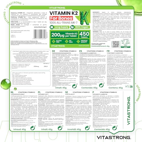 Vitamina K2 MK7 200µG Vitastrong Vegan, 1 Compressa/Giorno (Scorta 15 Mesi) 450 Compresse, MK-7 All-Trans Alta Biodisponibilità, K2 Vitamina (Menachinone) Senza Glutine, Lattosio, Ogm, Premium Quality - 9