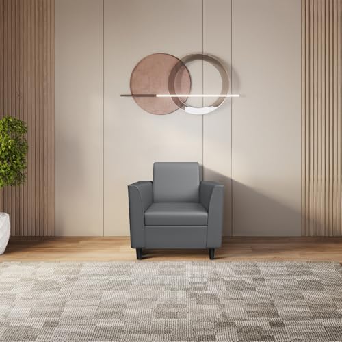 Image of Interio by Godrej Sofa Emperor 1 Seater Synthetic Leather Sofa for Living Room, 1-Year Warranty, Solid Wood, Nimbus Grey
